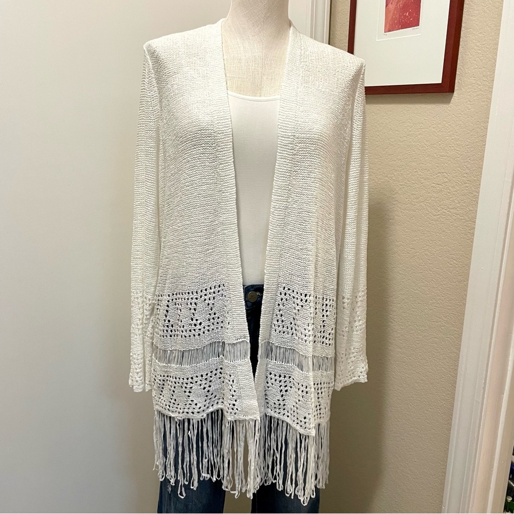 Michael Kors long white boho cardigan with fringe